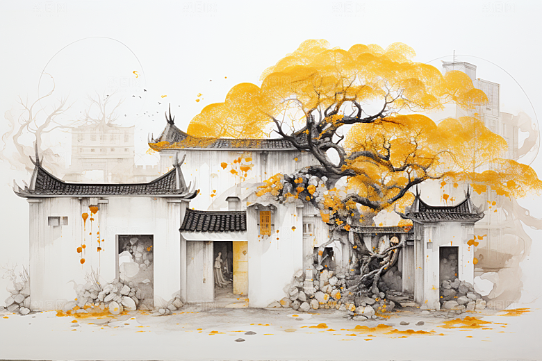 水墨江南中式水乡插画