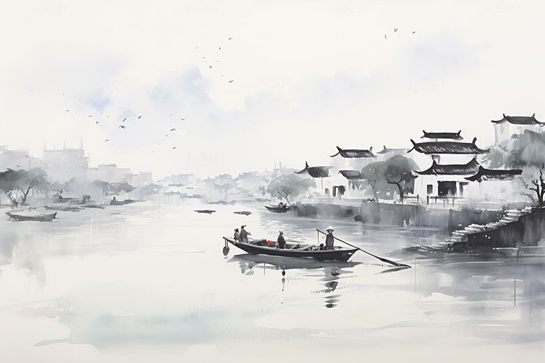水墨江南晕染粉墙黛瓦插画