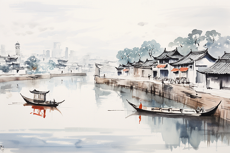 水墨江南手绘水乡插画