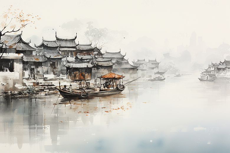 水墨江南水乡粉墙黛瓦插画