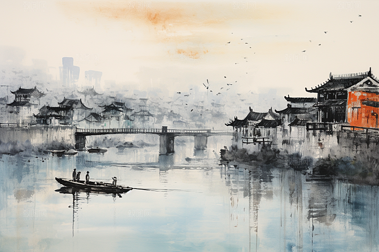 水墨江南小镇水乡插画