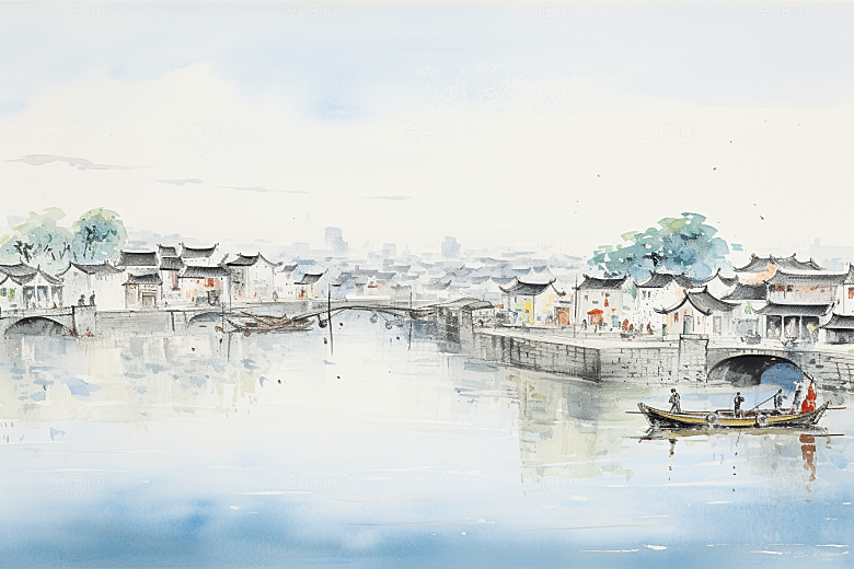 水墨江南中国风水彩插画