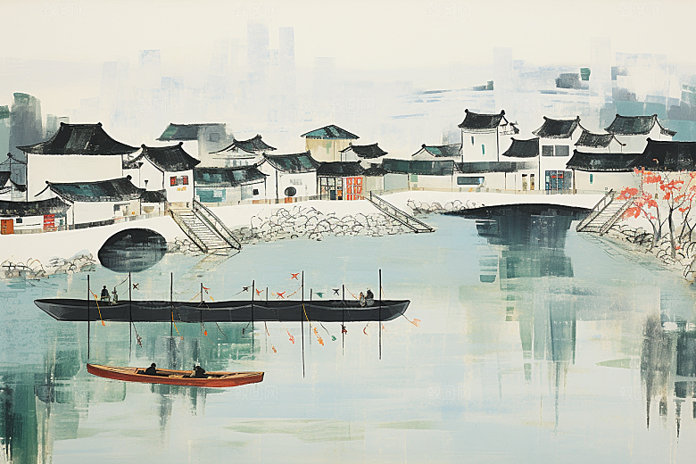 水墨江南小镇中式插画