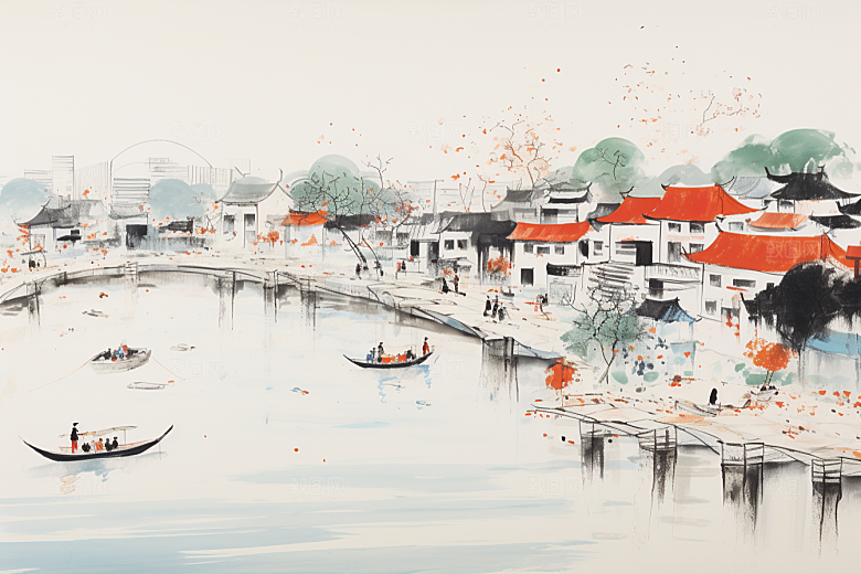 水墨江南中国风小镇插画