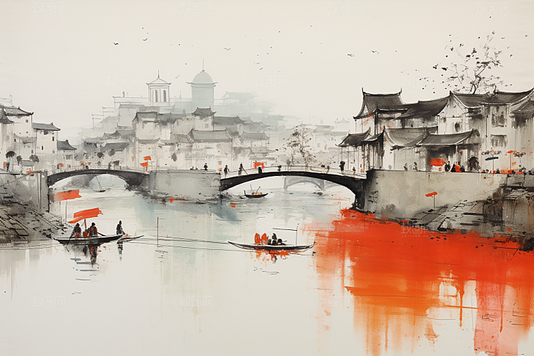 水墨江南中式小桥流水插画