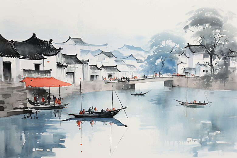 水墨江南水乡中国风插画