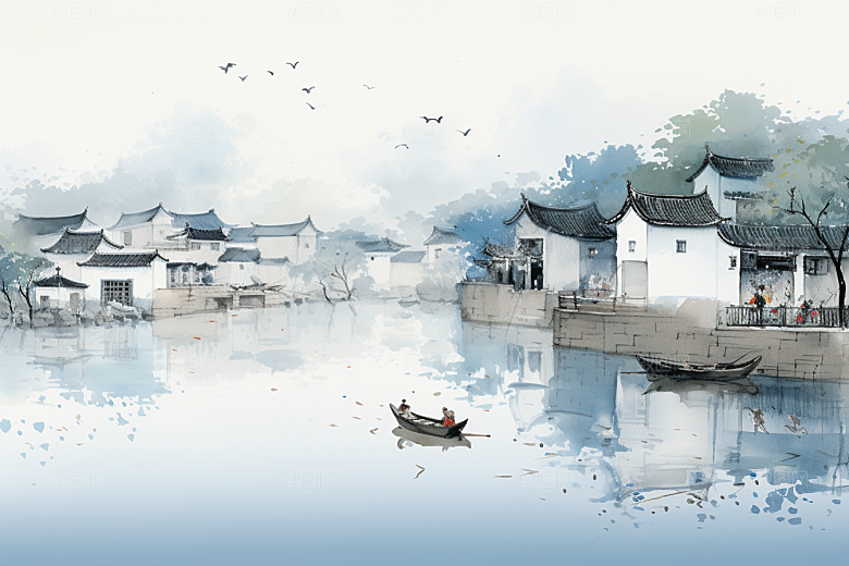 水墨江南中式小镇插画