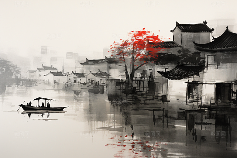 水墨江南小桥流水水彩插画