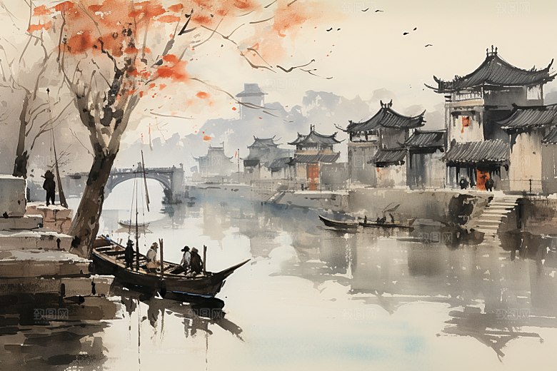 水墨江南晕染水乡插画