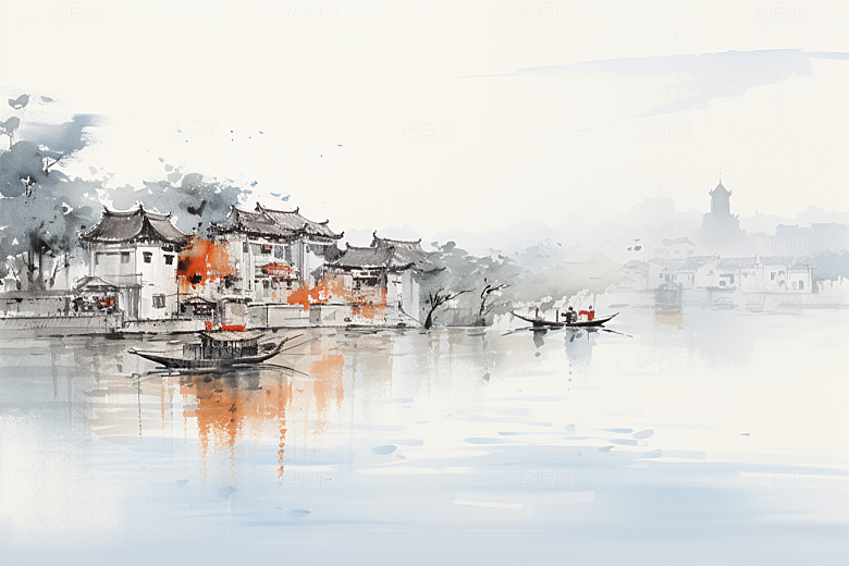 水墨江南中式小镇插画