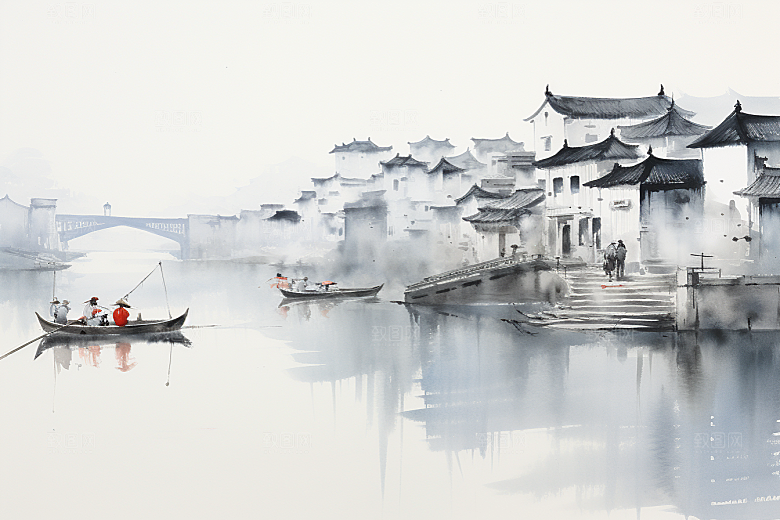 水墨江南晕染中式插画