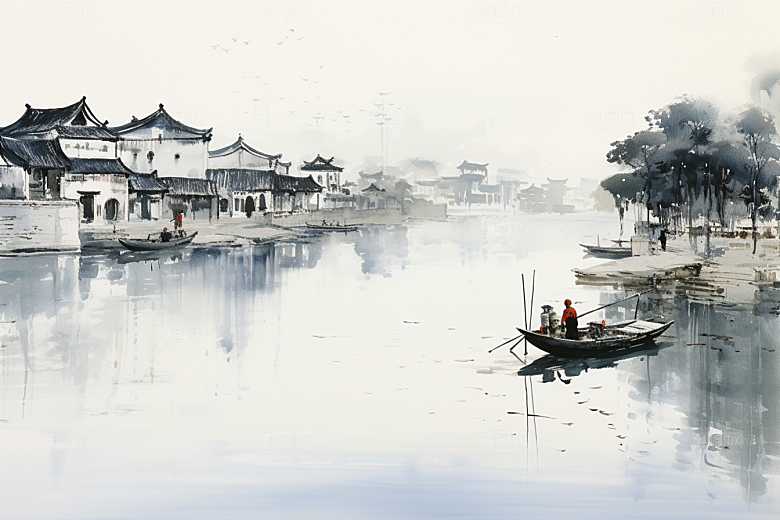 水墨江南小镇粉墙黛瓦插画