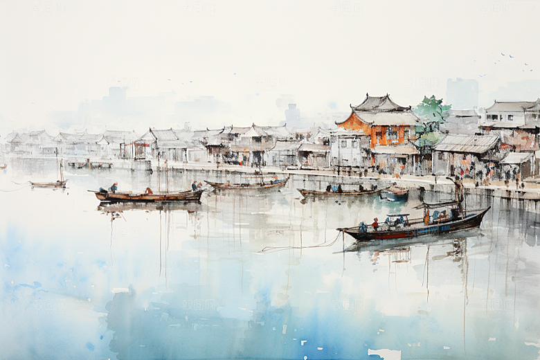 水墨江南中国风粉墙黛瓦插画
