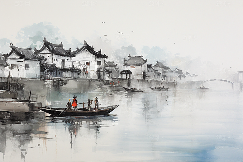 水墨江南小桥流水手绘插画
