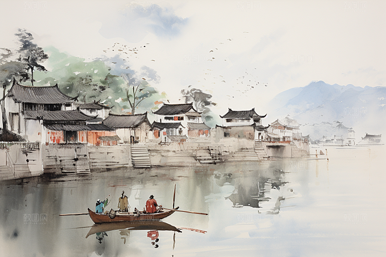 水墨江南晕染粉墙黛瓦插画