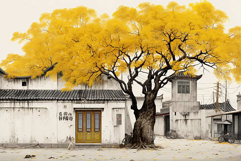 水墨江南手绘小镇插画