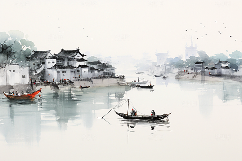 水墨江南水彩手绘插画