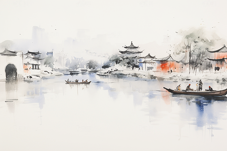 水墨江南粉墙黛瓦水乡插画