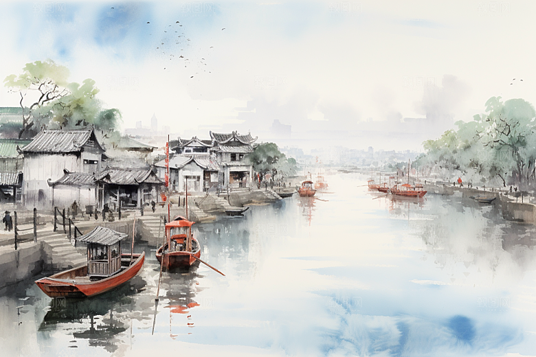 水墨江南水乡粉墙黛瓦插画