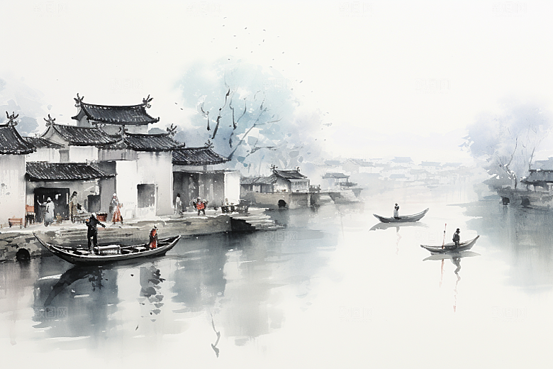 水墨江南晕染水乡插画