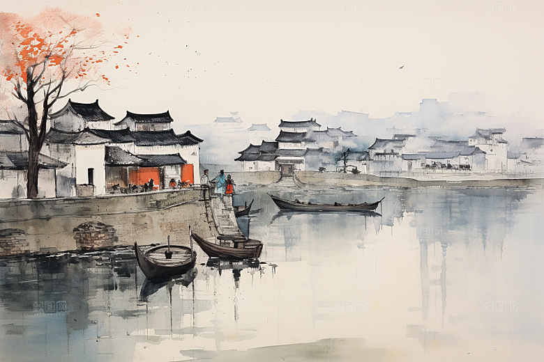 水墨江南小镇中式插画