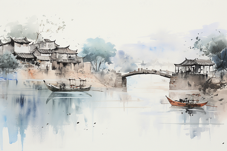 水墨江南中式小镇插画