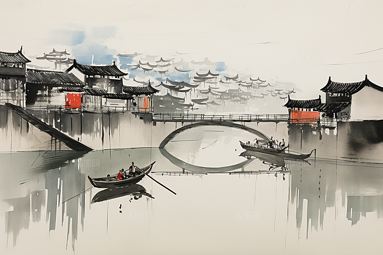 水墨江南中式小桥流水插画