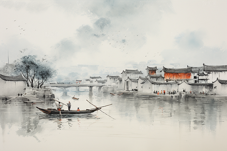 水墨江南手绘小镇插画
