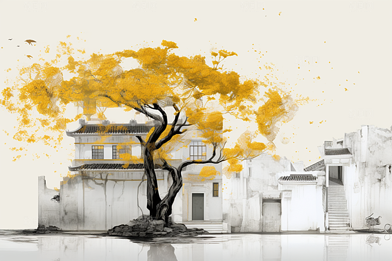 水墨江南水乡小镇插画