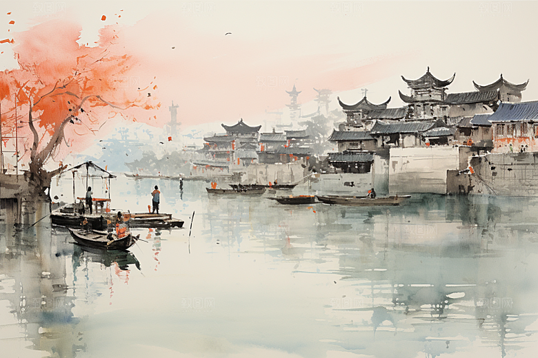 水墨江南水乡水彩插画