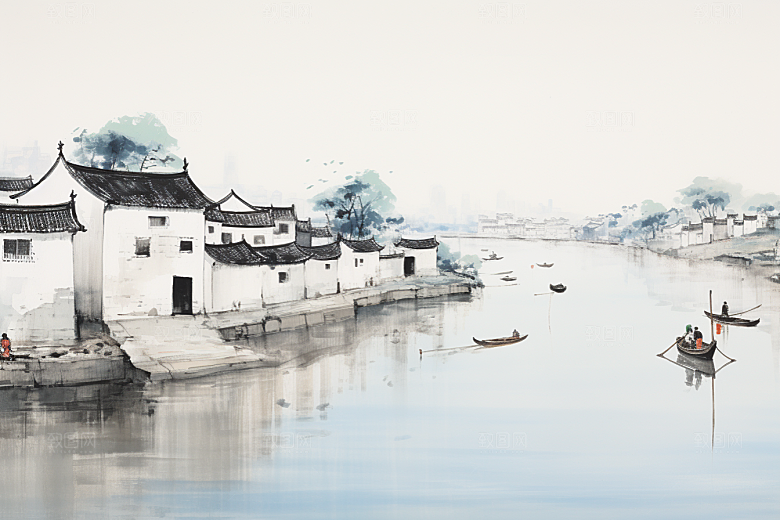 水墨江南手绘水彩插画