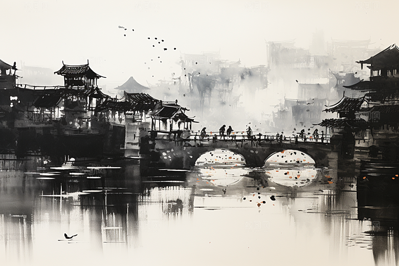 水墨江南小镇粉墙黛瓦插画