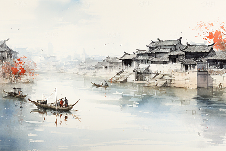 水墨江南小镇小桥流水插画