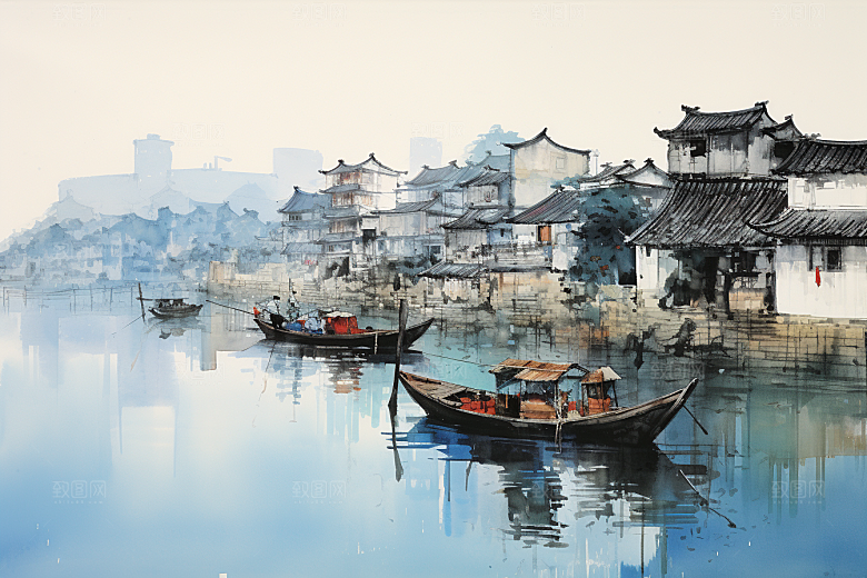 水墨江南水彩水乡插画