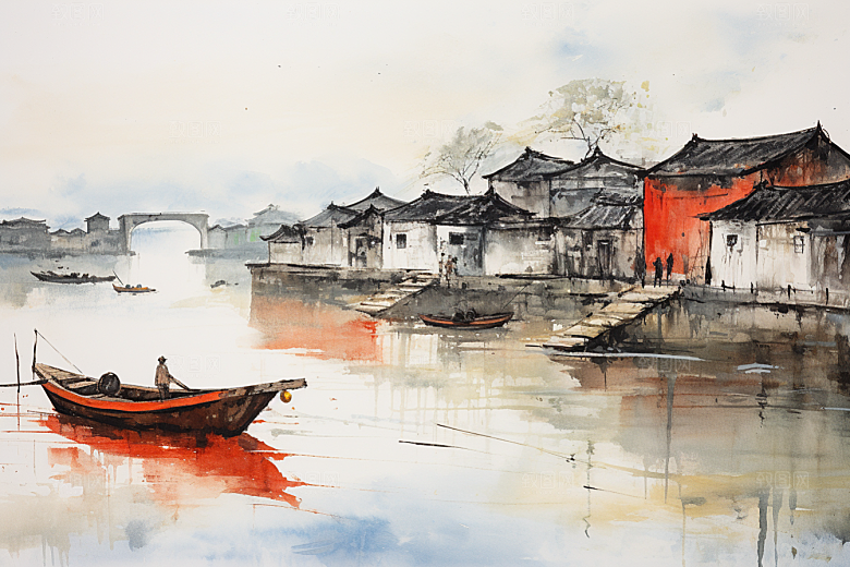 水墨江南水彩中国风插画