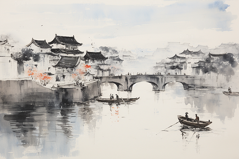 水墨江南水乡晕染插画