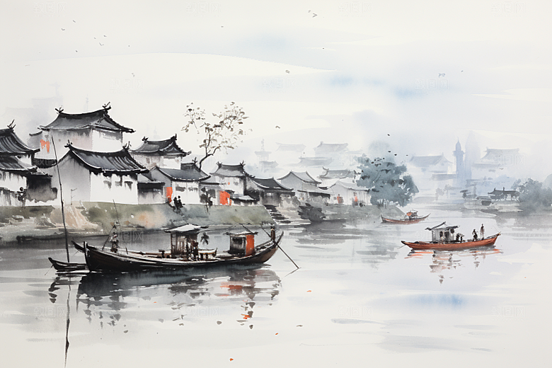水墨江南粉墙黛瓦中式插画