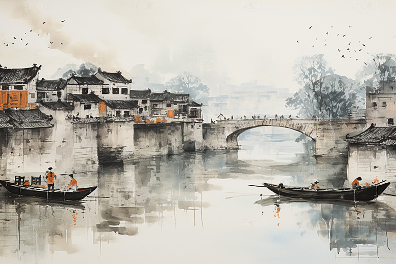 水墨江南晕染水乡插画