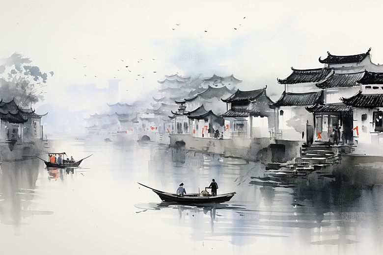 水墨江南小镇水彩插画