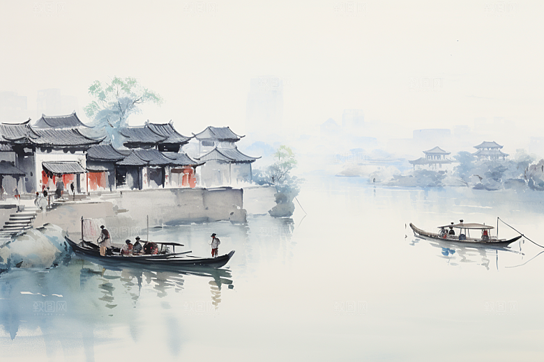 水墨江南手绘中式插画