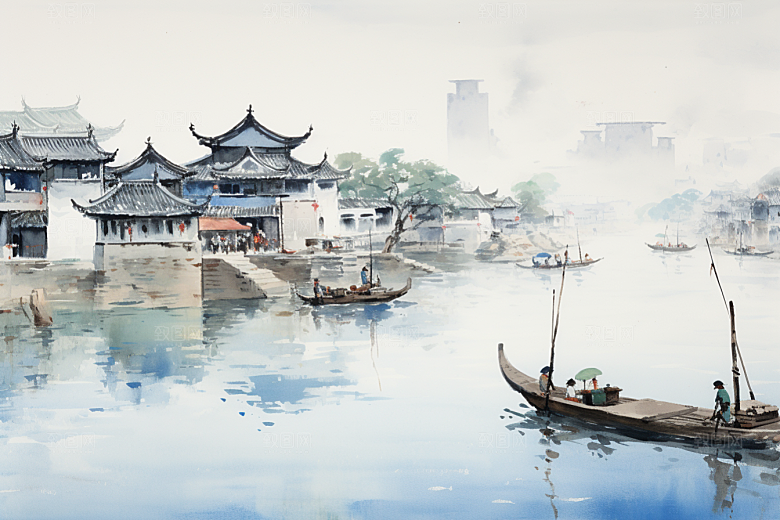 水墨江南小桥流水手绘插画