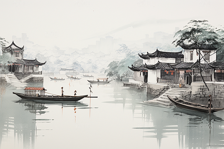 水墨江南水彩手绘插画