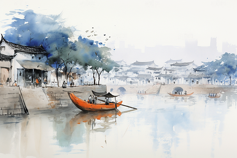 水墨江南小镇水乡插画