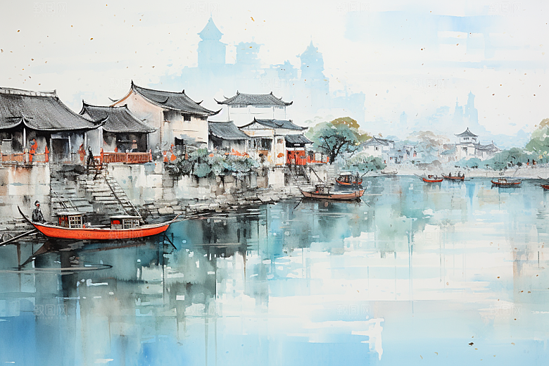 水墨江南粉墙黛瓦水乡插画