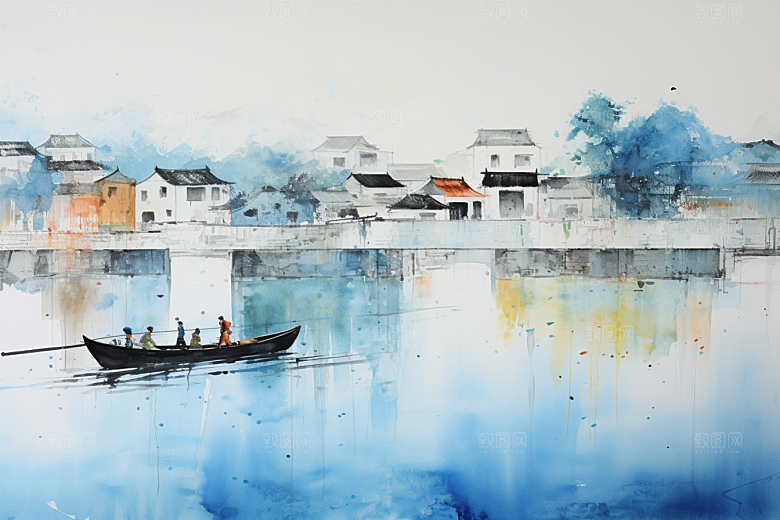 水墨江南水乡小镇插画