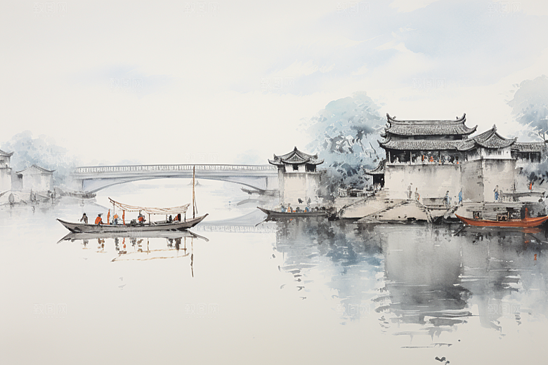 水墨江南水彩中国风插画