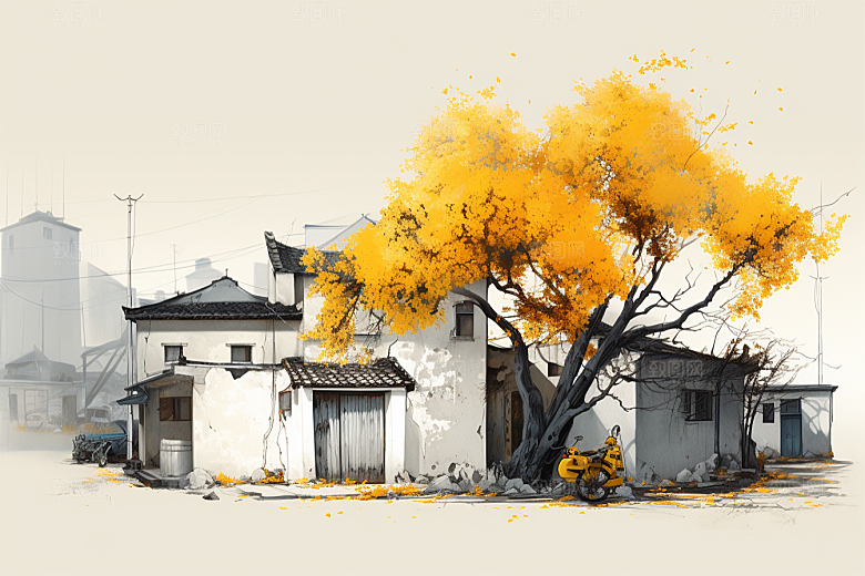 水墨江南水彩小镇插画