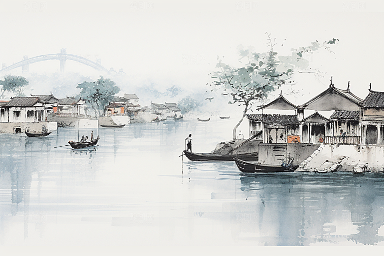 水墨江南小桥流水粉墙黛瓦插画