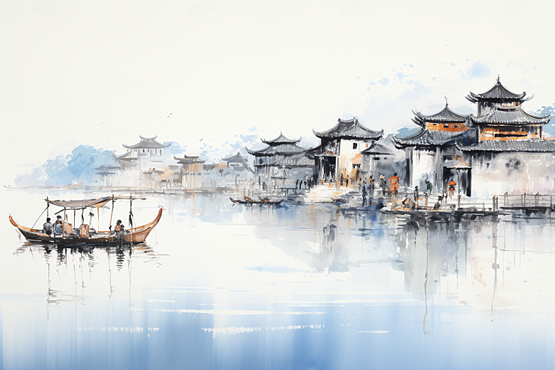 水墨江南小镇手绘插画