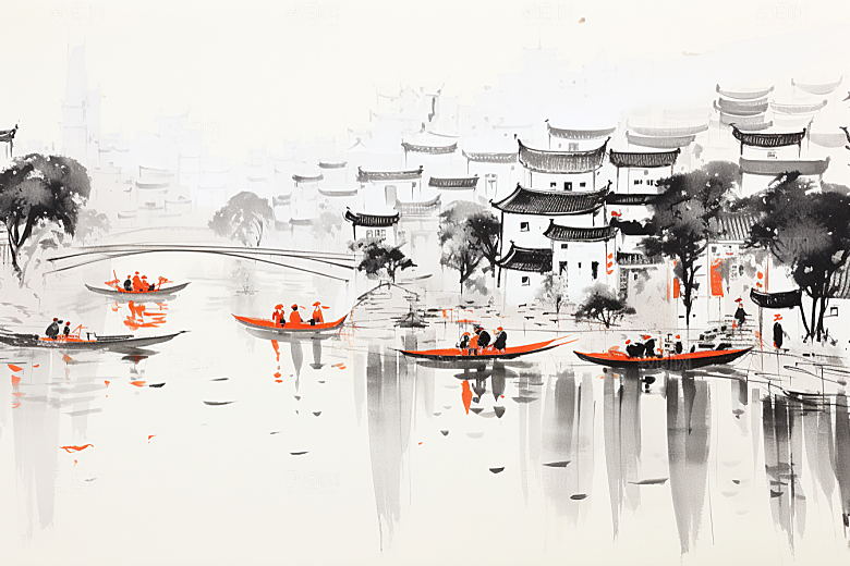 水墨江南小桥流水手绘插画